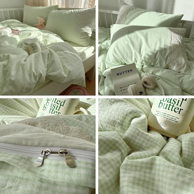 LifeTB Green Gingham Duvet Cover Twin XL 3 Pieces Romantic Lace Duvet Cover Soft Washed Microfiber Green Grid Plaid Comforter Cover with 2 Pillowcases Farmhouse Checkered Gingham Bedding Set