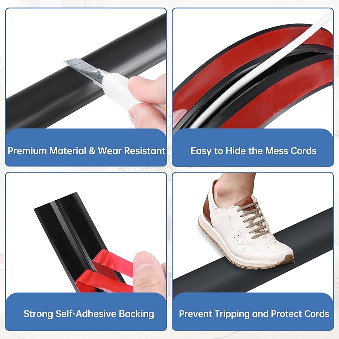 Floor Cord Cover Self Adhesive Cord Hider Floor Extension Cord Covers for Floor Power Cord Protector Cable Management Prevent Cable Trips Cable Cavity 0.32" W x 0.32" H (Black, 20Ft)