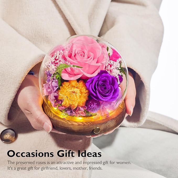 Forever Flowers for Delivery Prime, Preserved Rose in Glass Dome, Gifts for Women Birthday, Long-Lasting Flowers for Mom Wife Grandma Valentine's Day Mother's Day Christmas Anniversary, Pink