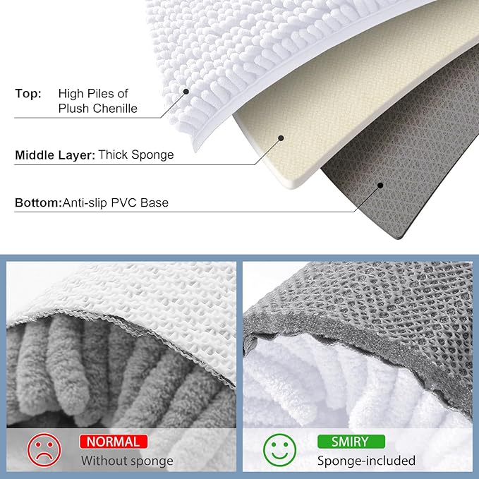 Smiry Luxury Chenille Bathroom Rugs 47x24, Extra Soft and Absorbent Shaggy Bath Mat, Machine Washable, Non-Slip Plush Carpet Runner for Tub, Shower, and Floor, Home Decor Accessories, White
