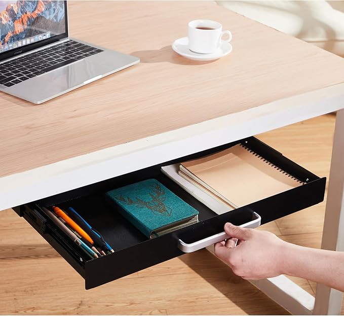 OSteed Under Desk Drawer Organizer 21" Black Upgraded with Adjustable Brackets, Sliding Pull-Out Under Table Pencil Drawer, Office Standing Desk Attachment for Workbench