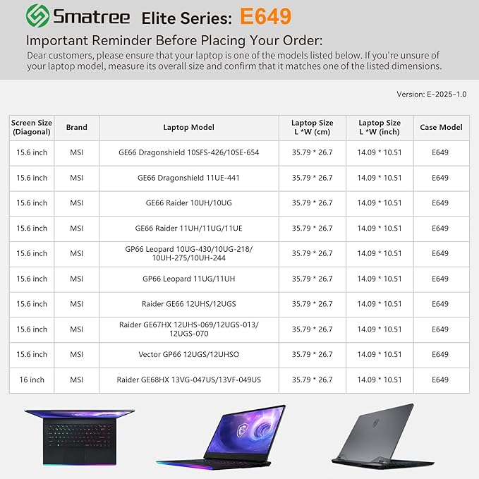 Smatree Laptop Sleeve for 15.6 inch MSI Raider GE67HX/GE66 Dragonshield/GE66 12U/11U/10U, for GP66 Leopard 11U/10U, for Vector GP66 12U, for 16 inch MSI Raider GE68HX 13V, Case with Pocket (E649)