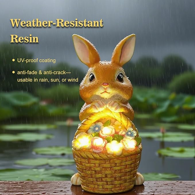 Garden Solar Rabbit Outdoor Statues - 6x4.7x8.5in Waterproof Decor for Yard Lawn Patio Porch Balcony - Easter Christmas Mother’s Day Birthday Housewarming Gifts for Women Mom Grandma