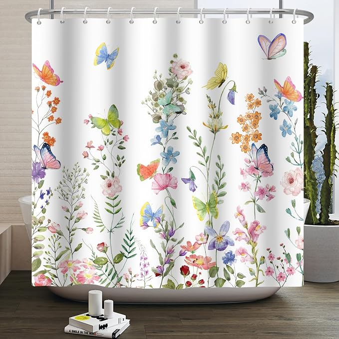 Spring Floral Butterfly Shower Curtain Summer Colorful Wildflowers Botanical Shower Curtain for Rustic Vintage Bathroom Decor Easter Shower Curtain Set 72x72 Inches