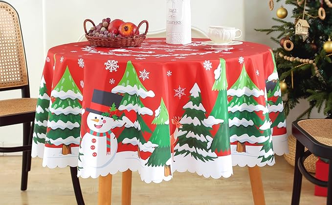 Eikione Christmas Tablecloth Round 60Inch, Christmas Tree+Santa Claus Table Cloth, Wipeable Table Cover for Picnic Party