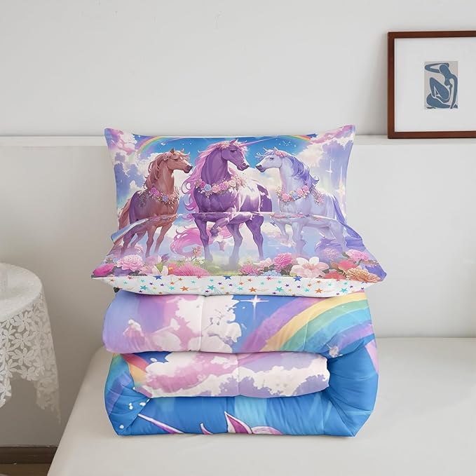 Castle Fairy Dreamy Unicorn Comforter Set Queen Size,Rainbow Blue Sky Colorful Flowers Reversible Bedding Set for Women Adult,Cartoon Animal Floral Galaxy Luxury Bed Duvet Insert, 2 Pillowcases