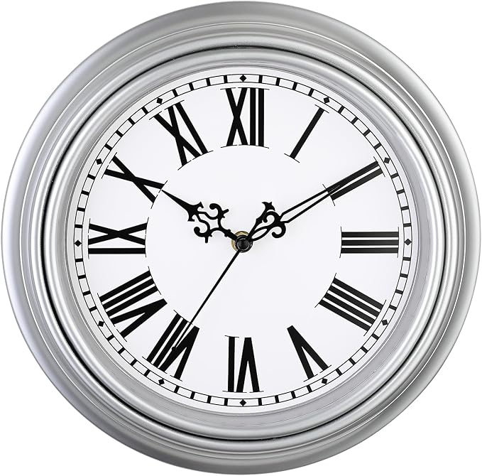 Plumeet Extra Large Retro Wall Clock, 16'' Non Ticking Classic Silent Vintage Wall Clocks Decorative Kitchen Living Room Bedroom, Roman Numerals, Battery Operated, Silver