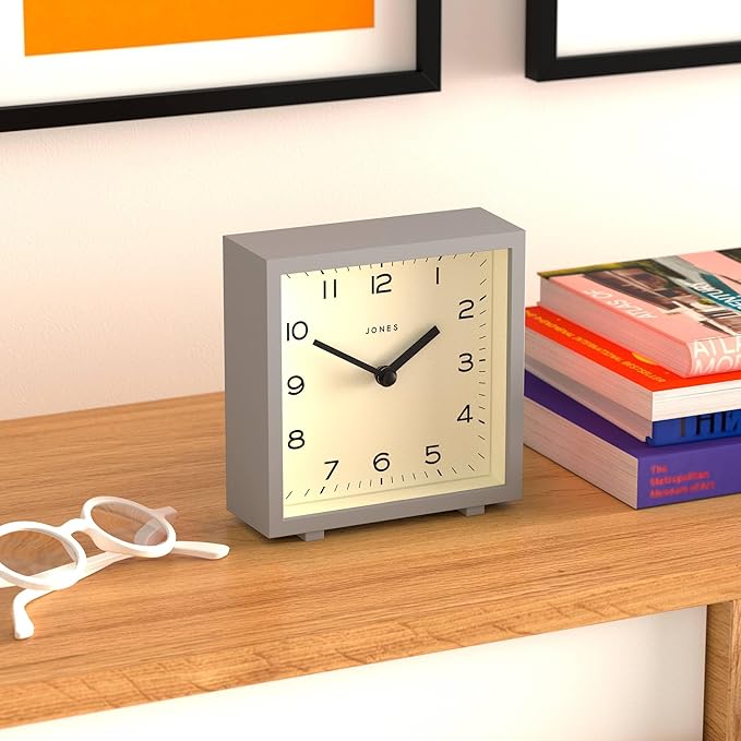 JONES CLOCKS® Disco Desk Clock | Sleek Square Design | Gray | Stylish and Easy to Read for Shelf, Table, Mantel or Bedside