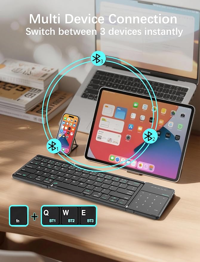 Nillkin Upgraded Foldable Bluetooth Keyboard with Touchpad & Number Pad, Portable Wireless Keyboard for Travel, Pocket-Sized, Full Size Keys, Support 3 Devices for iPad Laptop Tablets Phone, Black
