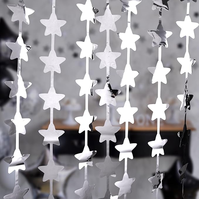 LOLStar 2 Pack Glitter Silver Stars Birthday Decorations 3.3X6.6 ft Each Silver Star Backdrop Foil Fringe Curtains,Perfect for New Year Eve 2026 Twinkle Star Space Celebration Disco Party Decor