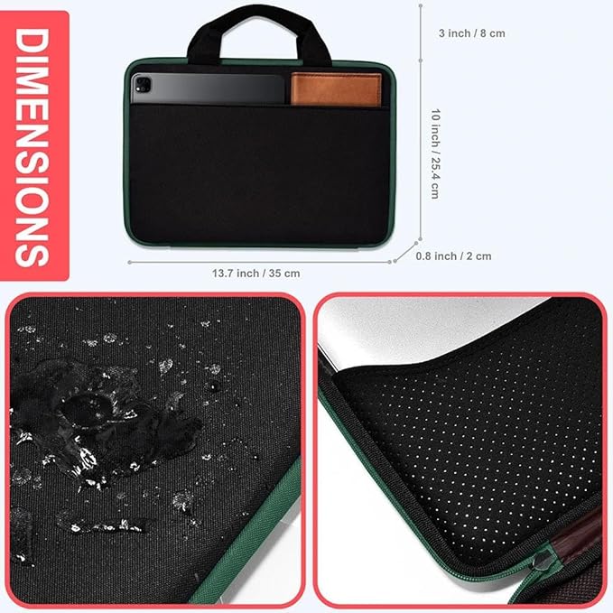Hseok Laptop Case 13.3-14 inch Briefcase Handbag, Water-Resistant and Shockproof Computer Sleeve Compatible with MacBook Pro 14", Mac Air/Pro 13.3" and 13"-14" Notebooks Chromebooks,Black-Green