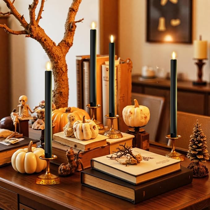 6PCS Flameless Taper Candles with 3D Flickering Flame Battery Operated Candles with 2 Remote with Button Cell Battery 10 Inch Black LED Candlesticks Window Candle for Christmas Home Decor