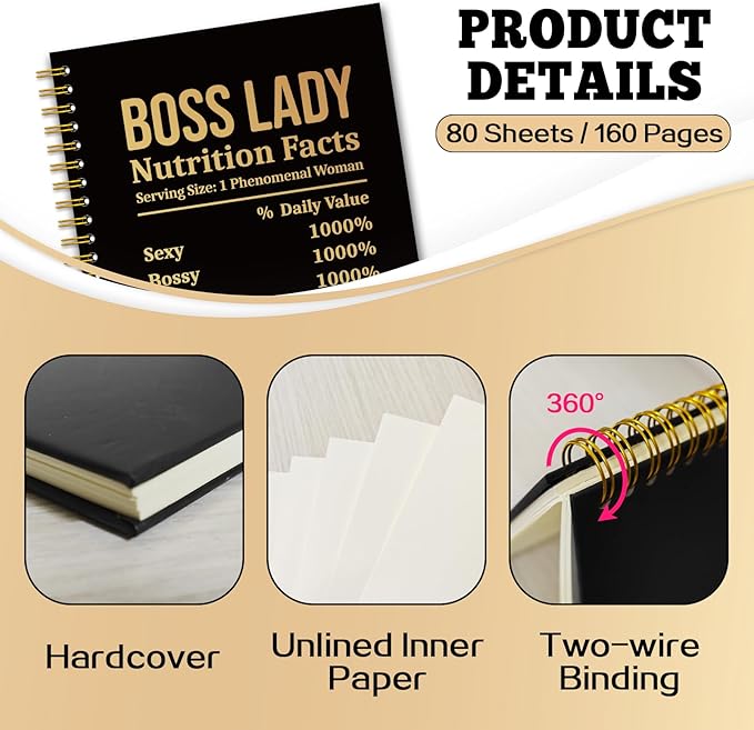 YAZMEEN Boss Lady Black Gold Spiral Notebook（160 Pages） Boss Lady Nutrition Facts Blank Hardcover Notebook Funny Thank You Gift for Girl Boss Retirement Leaving Gift for Women Boss Leader Colleague