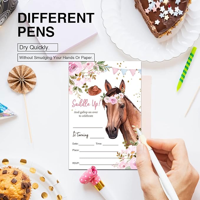 Soiceu Floral Horse Birthday Party Invitations with Envelopes Set of 20 Girl Saddle Up Watercolor Cowgirl Horse Invitations Invites Fill in Blank