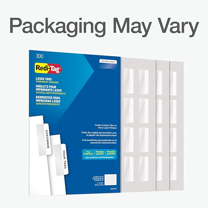 Redi-Tag Laser Printable Tabs, Permanent Index Tabs, Customizable Adhesive Labels, White, 2" x 0.875", 300 Per Pack (B39170)