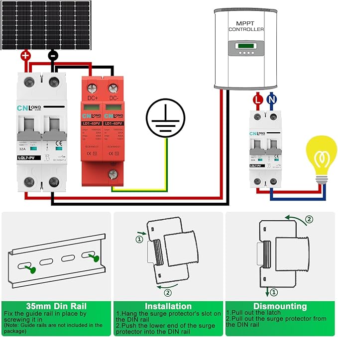 2P 40KA Voltage Surge Protector DC 1000V Solar PV Lightning Arrester Device for Rv, Home Lightning Protection System 35mm DIN Rail Mount (2pcs)