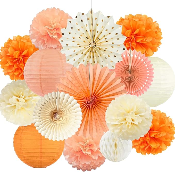 Beige Orange Peach Fall Boho Party Decorations Paper Lanterns Tissue Pom Poms Streamers Hanging Paper Fans for Autumn Harvest Birthday Thanksgiving Wedding Bridal Shower Baby Shower Party Decoration