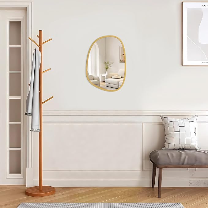 Irregular Wooden Framed Mirror for Wall Modern Asymmetrical Unique Hanging Mirror Artistic Unique Oval Shape Wall Mirror Decor Bathroom Vanity Bedroom Living Room Entryway Hallway Small