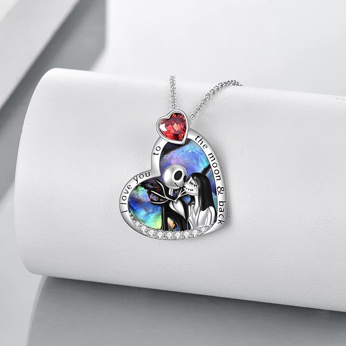 LILALO Christmas Gifts Nightmare Necklace Sterling Silver Abalone Shell Crystal Jack and Sally Necklace Jack Skellington Skull Jewelry Skull Necklaces for Women