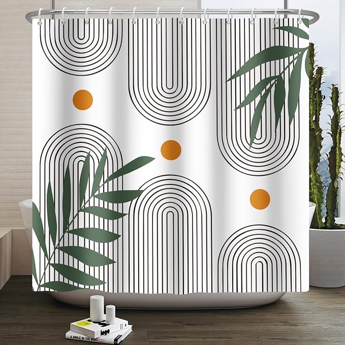 Boho Mid Century Shower Curtain Bohemian Minimalist Geometric Arch Sun Bathroom Curtain Sage Green Plant Polyester Shower Curtain Sets for Bathroom Extra Long 72x96 in with 12 Hooks