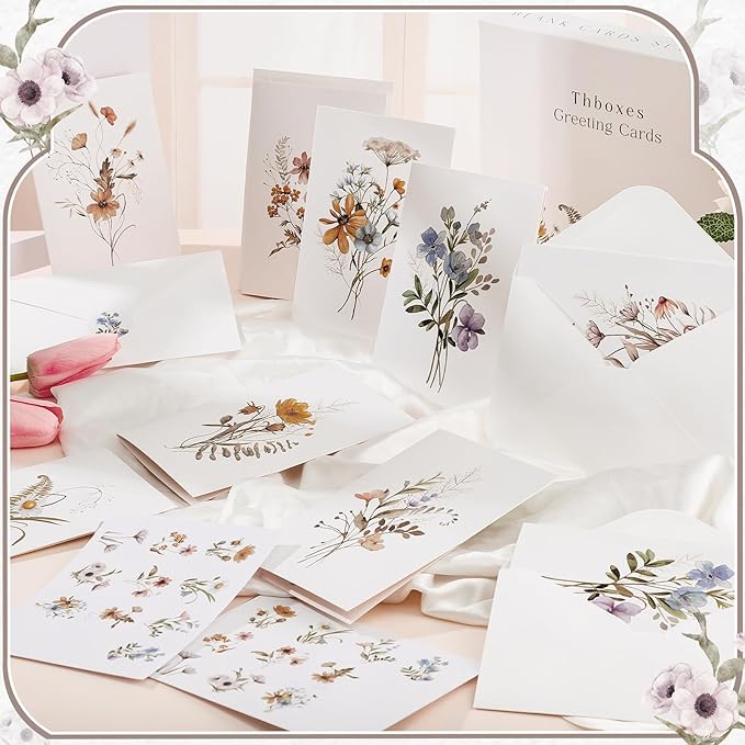 Thboxes Blank Cards and Envelopes, 40 Pack Blank Note Cards 4x6 in Elegant Floral Greeting Card with Sealing Stickers, Note Card and Envelopes Stationary Set for All Occasions (10 Floral Designs)