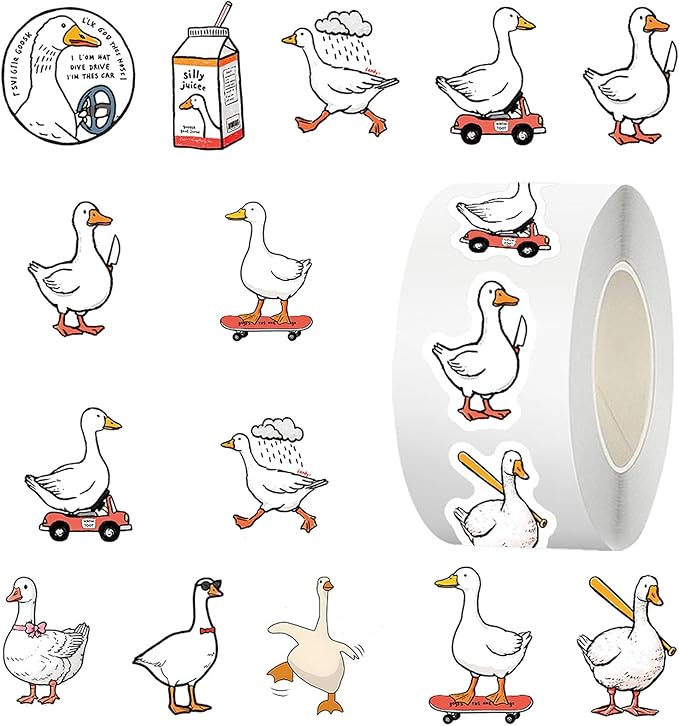 500 Pcs Duck Stickers Roll, 10 Styles Cartoon Cute Duck Stickers for Teens, Waterproof Vinyl Stickers for Journal Scrapbook, Party Favors, Classroom Rewards, Laptop & Water Bottle Deca