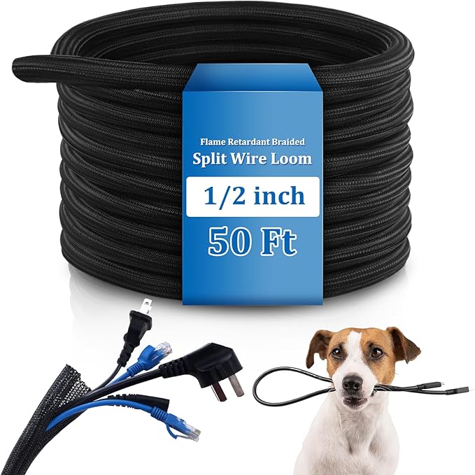 Pangda 50ft Split Wire Loom Tubing Flame Retardant Braided Cable Sleeve Split High Temperature Cable Conduit Auto Wire Conduit for Industrial Electrical Tinsel Automotive Marine(50 Ft, 1/2")
