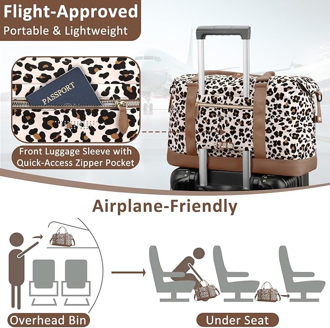 Travel Duffle Bag for Women, Weekender Bags, Hospital Bag for Labor Delivery, Lightweight Tote Duffel Overnight Bag with Luggage Sleeve, Airplane Travel Bags with Toiletry Bag,Large,Leopard