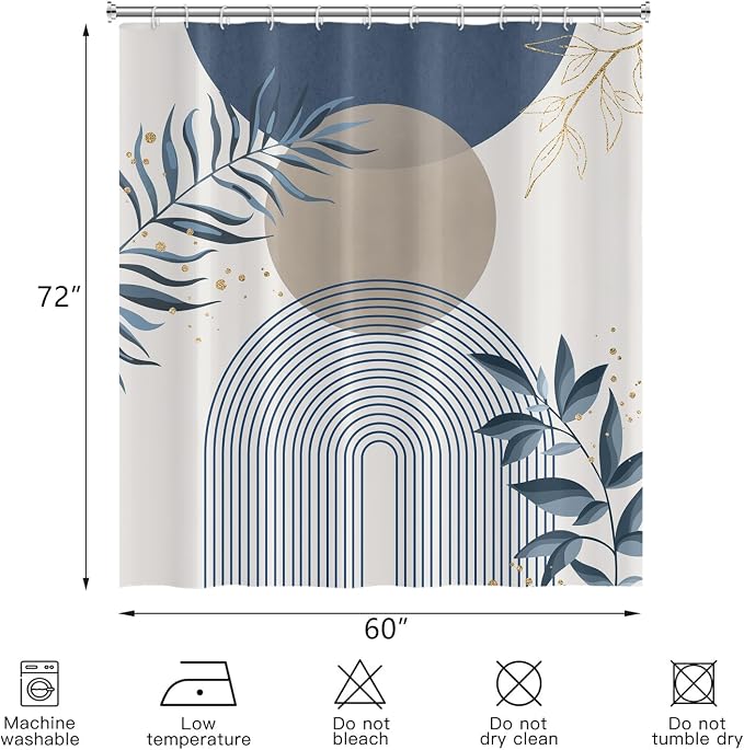 Boho Mid Century Shower Curtain, Navy Blue Modern Minimalist Abstract Geometric Gold Plant Leaves Sun Arch Bathroom Curtains Waterproof Fabric Buthtub Curtain Set with Hooks 60" Wx72 L