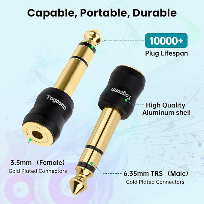 Togconn 1/4 Inch to 1/8 Inch Adapter 4 Pack, 6.35mm Quarter Inch TRS Stereo Male to 3.5mm Female Jack Plug Gold-Plated Pure Copper Audio Converter Connector Premium Quality Series