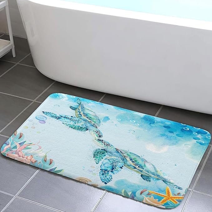 DYNH Sea Turtle Bathroom Rug, Tropical Marine Animals Blue Ocean Underwater Seashell Nautical Beach Non-Slip Floor Mat for Kitchen, 16x24IN
