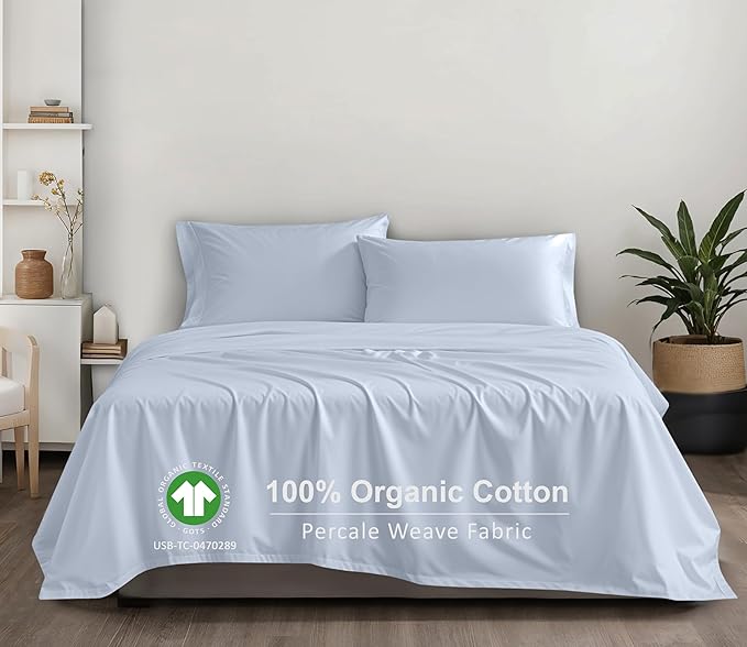 RUVANTI 100% Organic Cotton Sheets California King, Percale Weave, GOTS Certified, 4-Piece Set, Deep Pocket 13", Crisp & Breathable, Soft Durable Bedding, Sábanas Algodón Orgánico – Arctic Ice