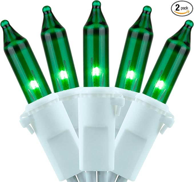 YULETIME 200 Green Christmas Lights, Pack of 2 Sets 33 Feet 100 Count UL Certified Incandescent String Lights (Green - White Wire)