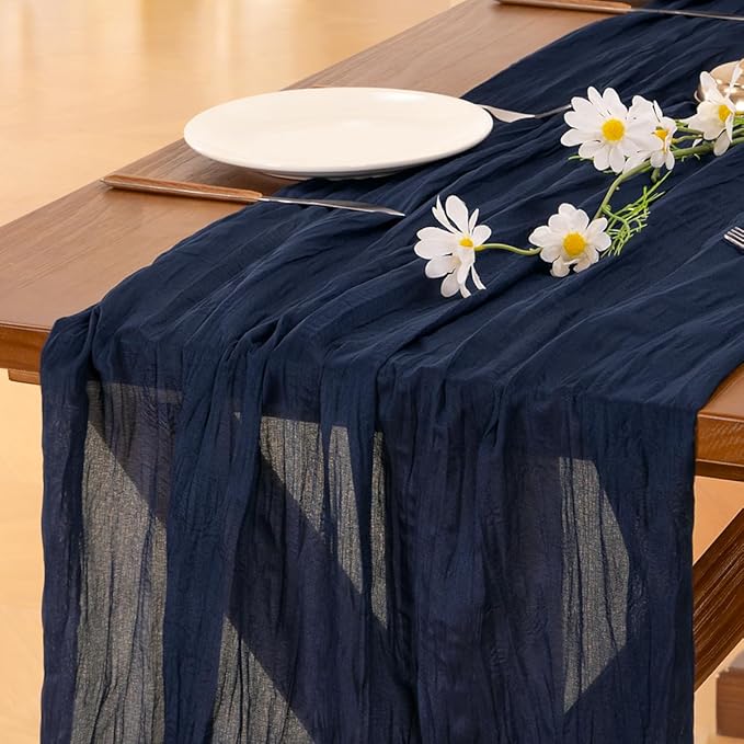Socomi 6pcs Navy Blue Fall Thanksgiving Cheesecloth Table Runner Boho Rustic Gauze 120 inch 10FT Cheese Cloth Runner for Wedding Party Baby Shower Birthday Home Decor Holiday Decorations