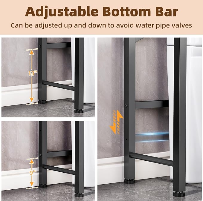 Kalrin Over The Toilet Storage Cabinet with Fluted Wave Doors and Adjustable Shelf, Wood Over Toilet Storage Rack with Drain Basket, Freestanding Bathroom Organizer for Balcony Laundry, Wood & Black