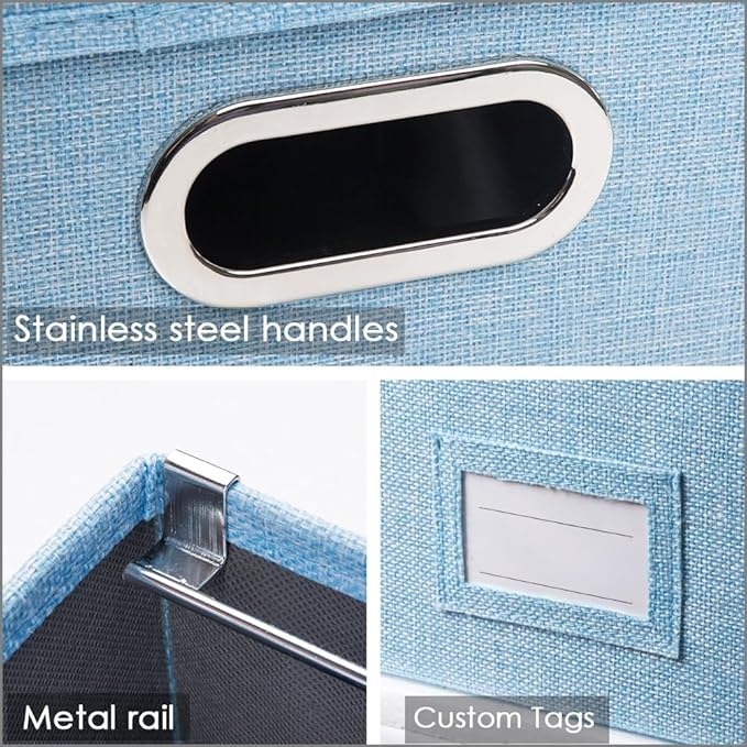 PRANDOM File Organizer Box - Set of 1 Collapsible Decorative Linen Filing Storage Hanging File Folders with Lids Office Cabinet Letter/Legal Blue (17x14x11.2 inch)