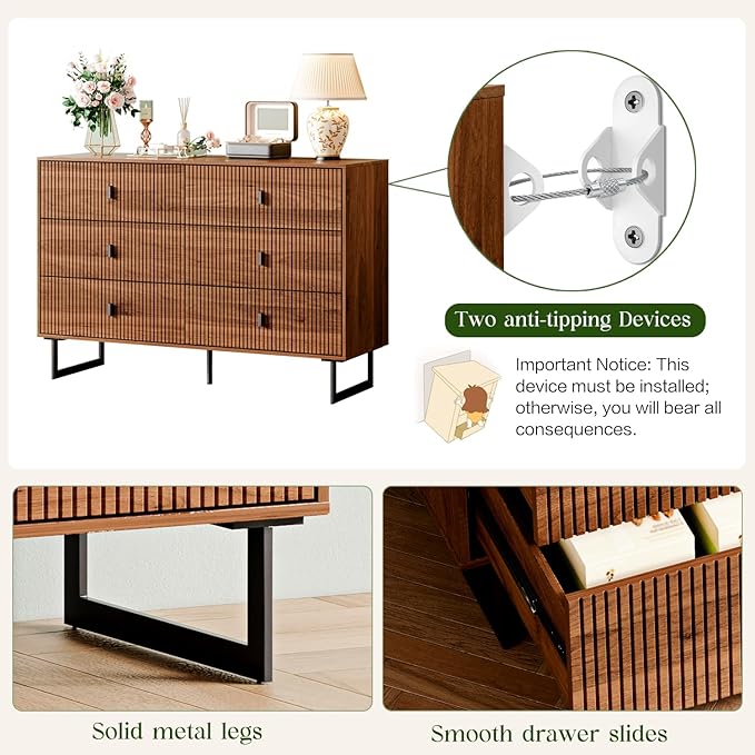 Chrangmay Modern Chest of Drawers with 6 Drawers,Deep Drawers,Clothes Organizer,Large Storage Cabinet for Living Room, Bedroom,Hallway,with Anti-Tipping Device,Brown