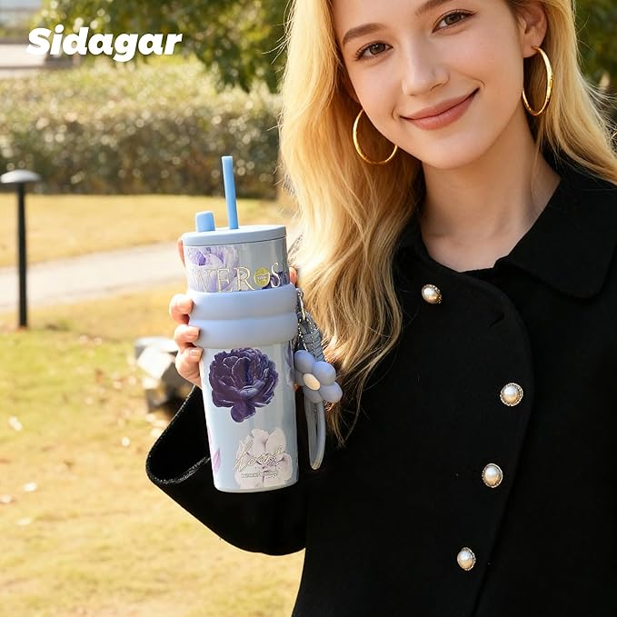 24 oz Stainless Steel Tumbler with Lid and Straw, Insulated Coffee Mug, Leak Proof, Portable Iced Travel Water Bottle, Reusable Thermal Coffee Cup, Floral Blue