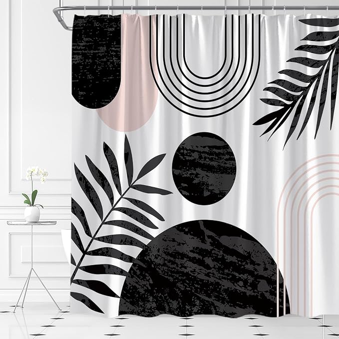 Mid Century Modern Shower Curtain Boho Black Abstract Retro Aesthetic Fabric for Bathroom Decor Bathtub with Hooks (70" WX84 H)