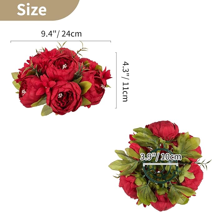 NUPTIO Peony Artificial Flowers for Centerpieces: 2 Pcs 9.4 inch Diam Red Faux Peony Flowers Fake Flower Balls Arrangement Bouquet Wedding Centerpieces for Tables Wedding Centerpiece Decorations