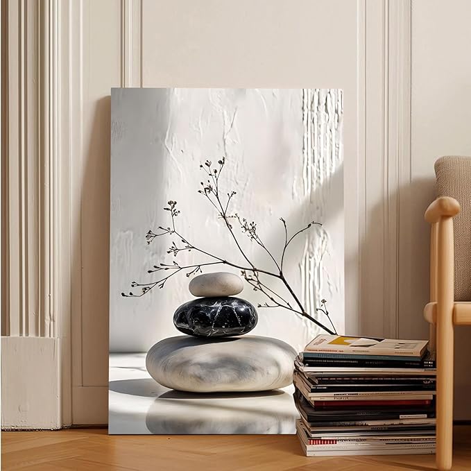 Gray and black stone pile and dried flowers poster canvas wall art in harmony Minimalist wall art for tranquil homes and mindful spaces 28x40in Frameless