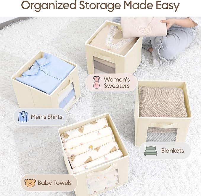 Storage Baskets for Organizing - 6 Pack Cube Storge Bins, Foldable Storage Bins with Handle, Closet Organizers and Storage Baskets for Toys, Clothes, Beige