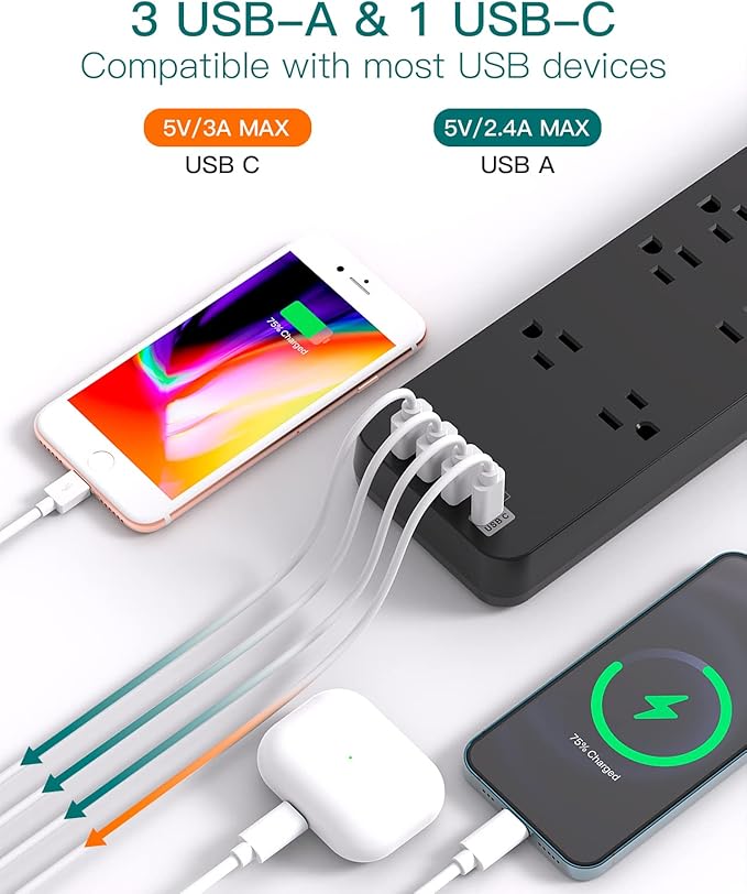 Addtam 15FT Long Power Strip, Surge Protector with 10 Outlets and 4 USB Ports, Extension Cord with Flat Plug, 2700 Joules, ETL Listed, Black