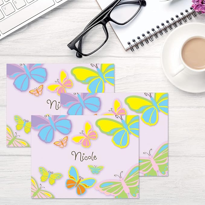 Butterfly Kids Personalized Note Cards - 24 Cards with White Envelopes, 4¼ x 5½ Inch Size, Blank Stationery, Add Names or Text, For Thank You Notes, Invitations, & Announcements