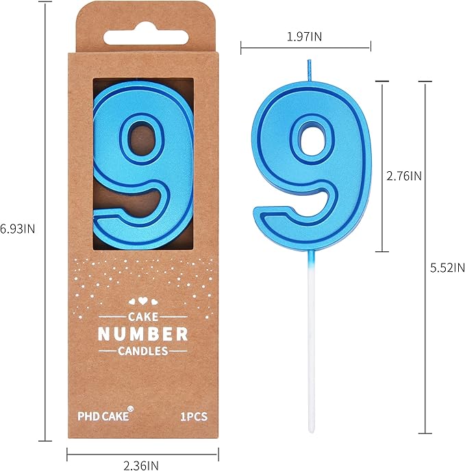 PHD Luxe Blue 2.76 Inch 9 Number Birthday Candles, Blue Cake Candles for Party Celebration