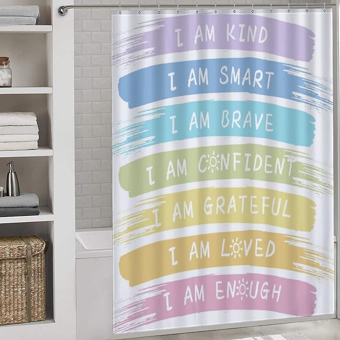 Rainbow Shower Curtain for Girls Bathroom, Kids Baby Boho Cute Inspirational Motivational Quotes Bohemian Cartoon Colorful Pastel Waterproof Fabric Shower Curtain Set with Hooks, 72"x84" Inch