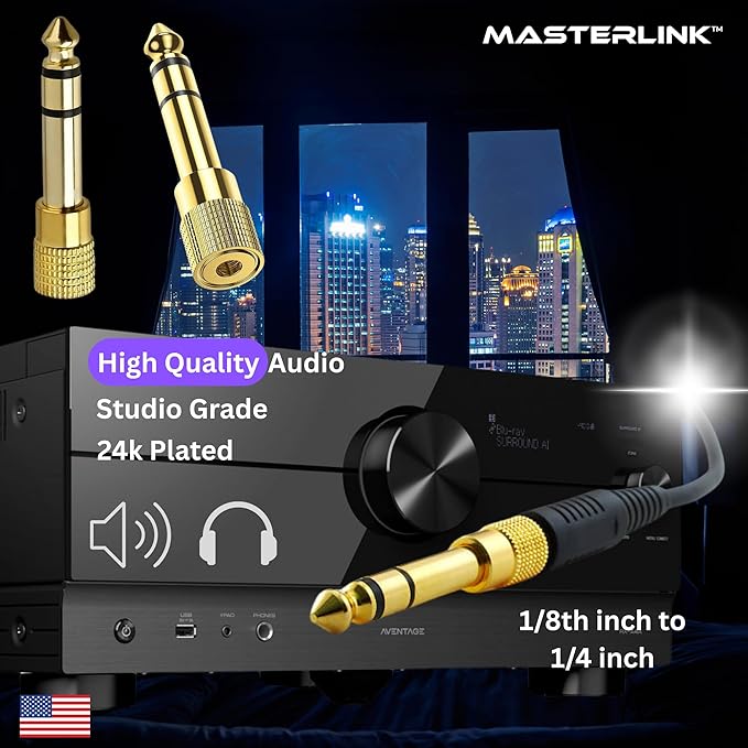 MASTERLINK 1/8” (1/4 inch) Male to 3.5mm (1/8 inch) Female Stereo Audio Jack Adapter for Aux Cable, Guitar Amplifier, Headphone, 2 Pack