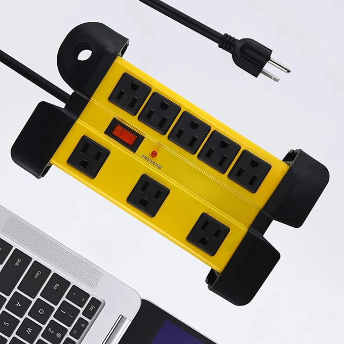 Heavy Duty Surge Protector for Appliances, 8 Outlet Workshop Power Strip with 1200 Joules, Metal with 10 FT Extension Cord and Wide Spaced. Yellow