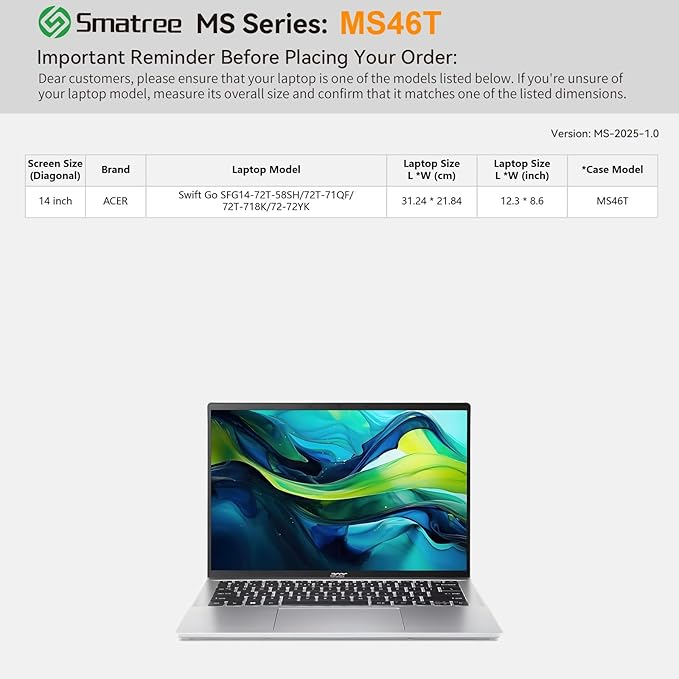 Smatree MS46T Hard EVA Protective Sleeve Case with Stand Compatible for 14 inch Acer Swift Go SFG14-72T-58SH/SFG14-72T-71QF/SFG14-72T-718K/SFG14-72-72YK Laptop Waterproof Slim Sleeve Bag, Green