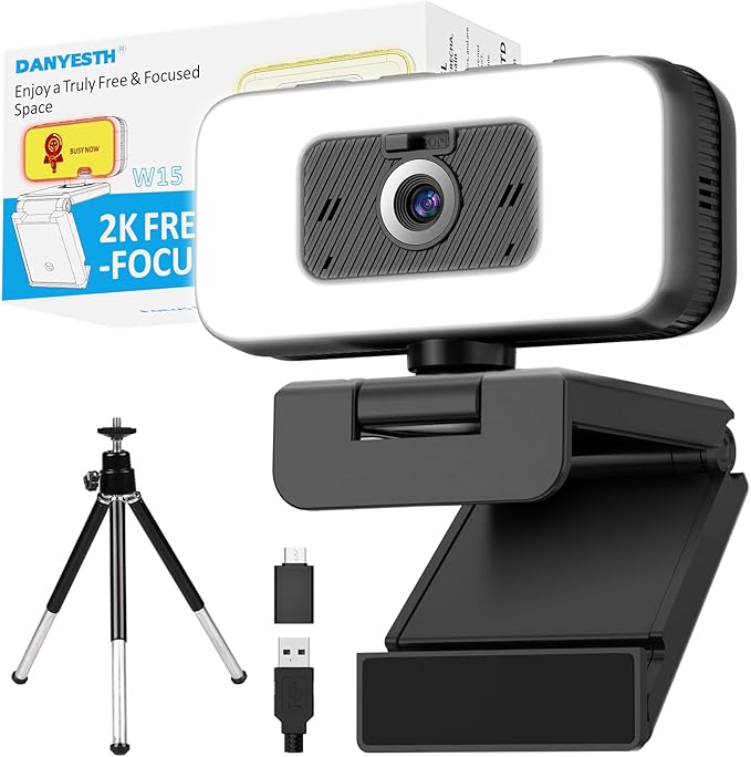 Danyesth 2K Webcam for Laptop, Computer Camera with Light for PC/Desktop/Mac [Light Your Face, Free Your Space] USB Webcam with Auto Anti-Disturb Backlight, Zoom & Flip, Privacy Cover, Microphone